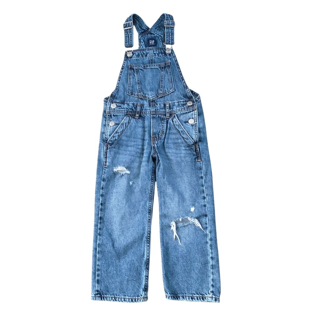 Gap Kids Medium Wash Denim Overalls XS 4-5 Distressed Knee Unisex Boys Girls
